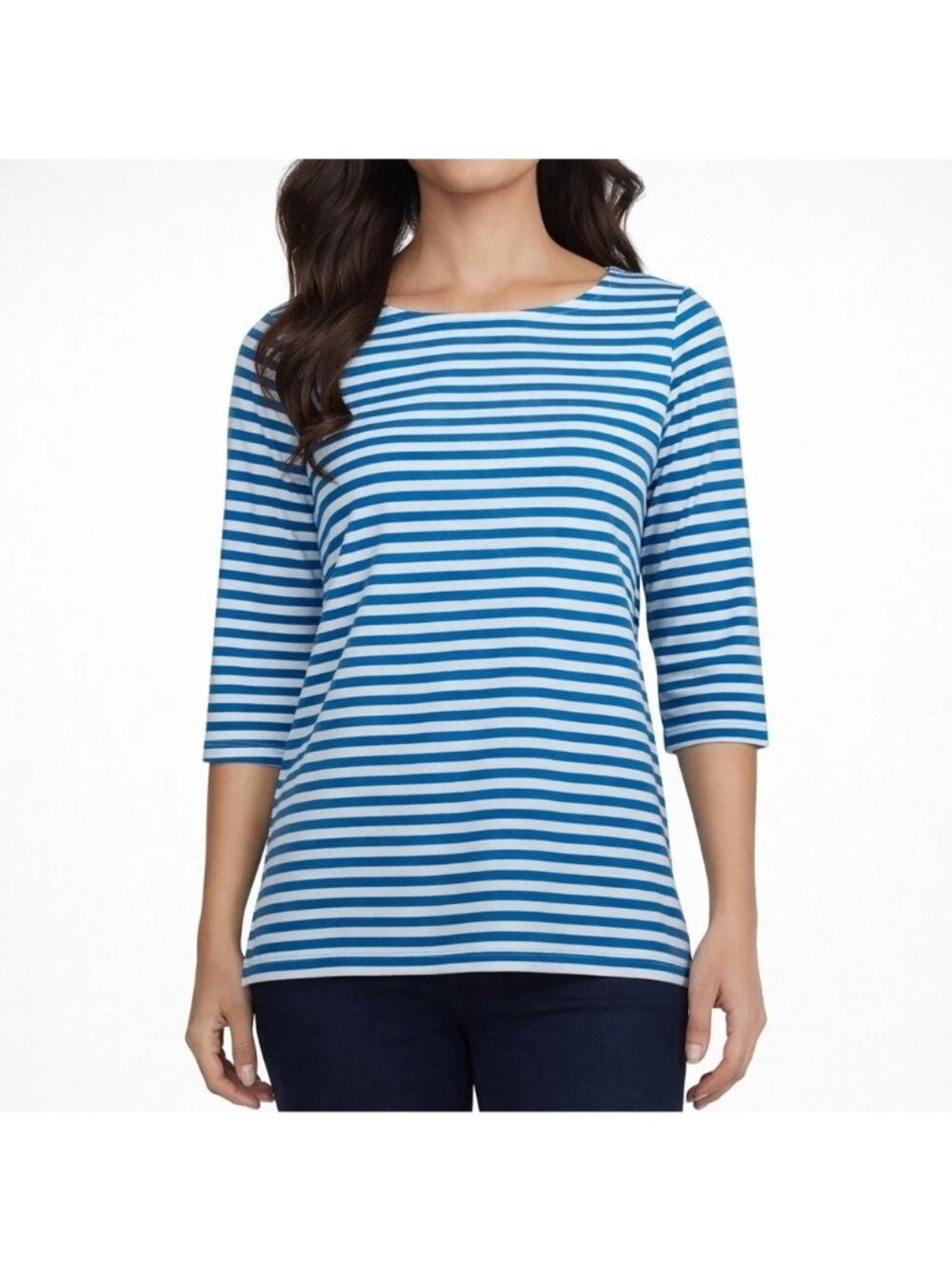 NWT Lands' End Women's L Blue & White 3/4 Sleeve Boat Neck Top Striped
